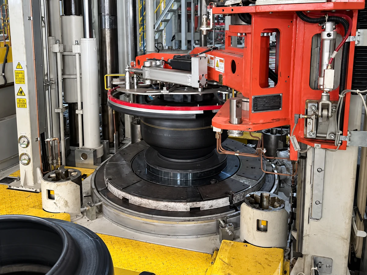 Black tires and red handling equipment in an industrial workshop