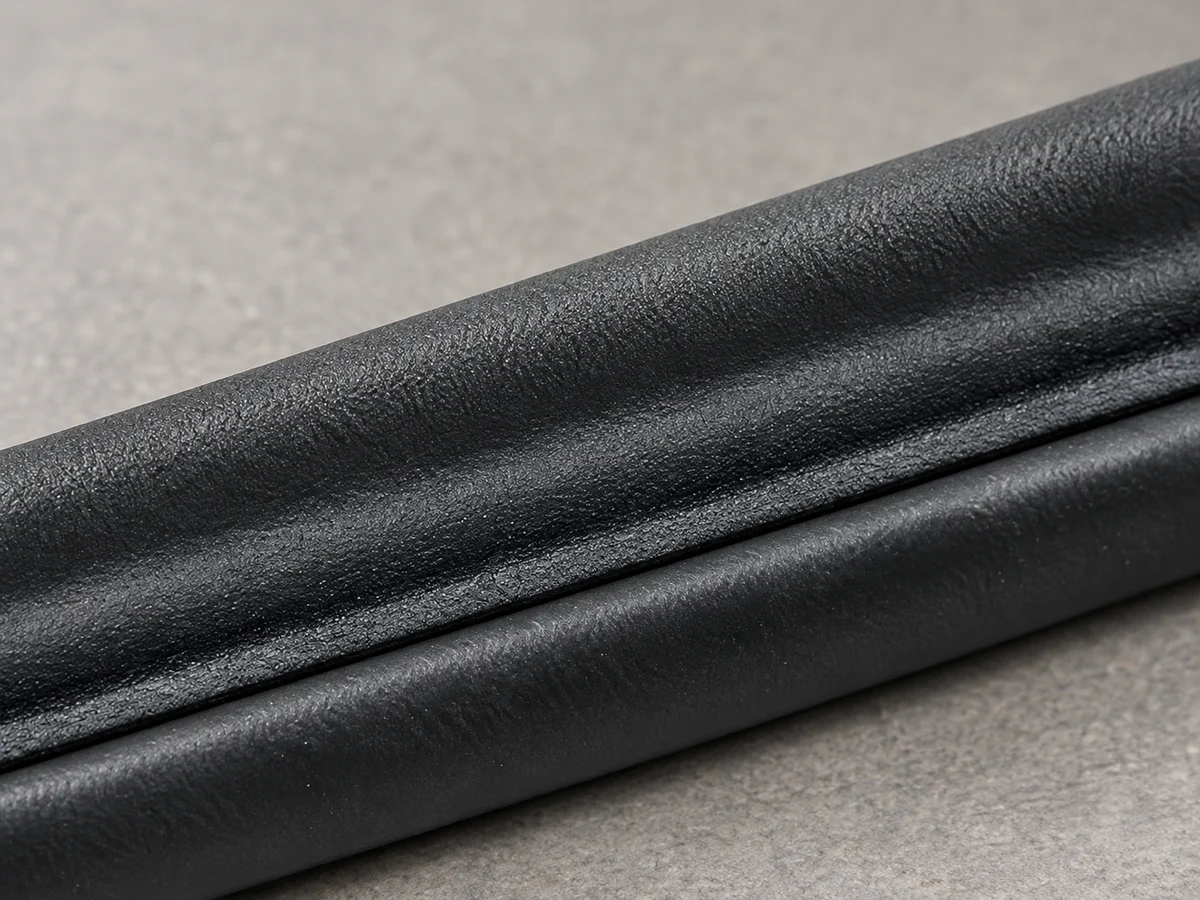 Close-up of a black coated rubber weatherstrip with a raised profile and textured surface