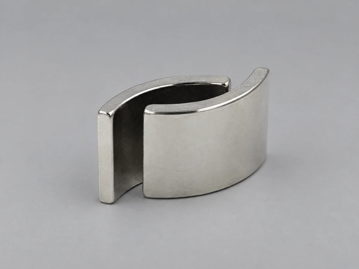 Two gray arc-shaped magnet segments on a gray studio background