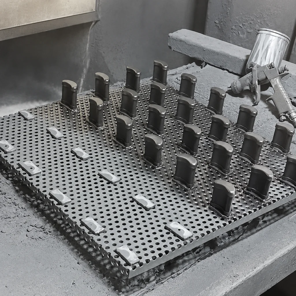 A spray gun above rows of industrial air-conditioning components on a perforated fixture