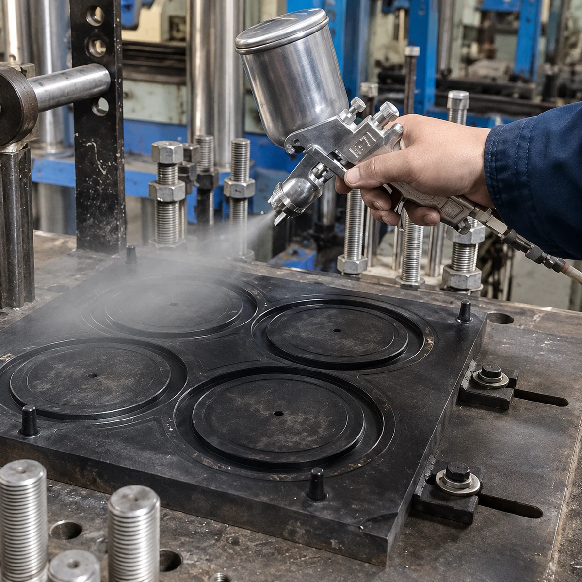 A hand holding a spray gun over a mold in an industrial workshop