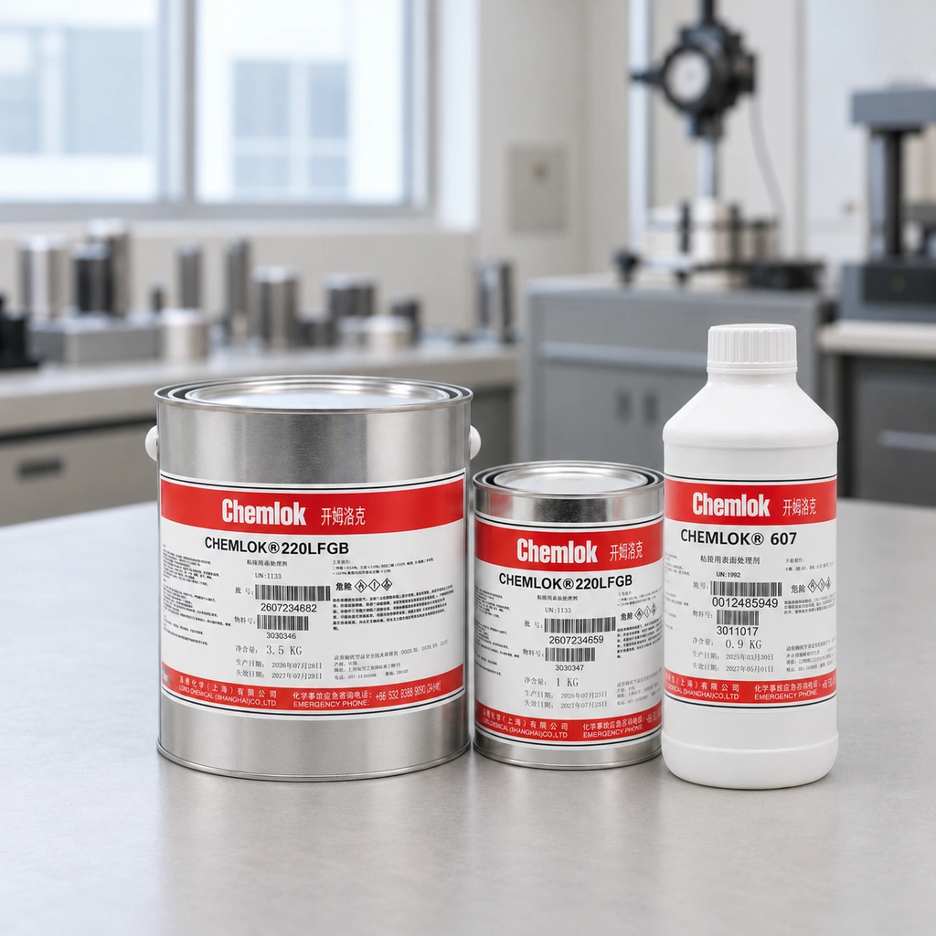 Industrial material packaging arranged on a gray workbench